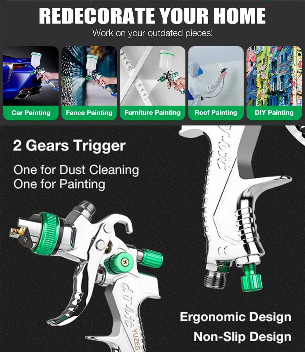 Professional HVLP Spray Gun 1.4/1.7/2.0/2.5mm Steel Nozzle Gravity Spray Gun DIY Spray Paint Kit Home Car Paint Spray Gun Tools