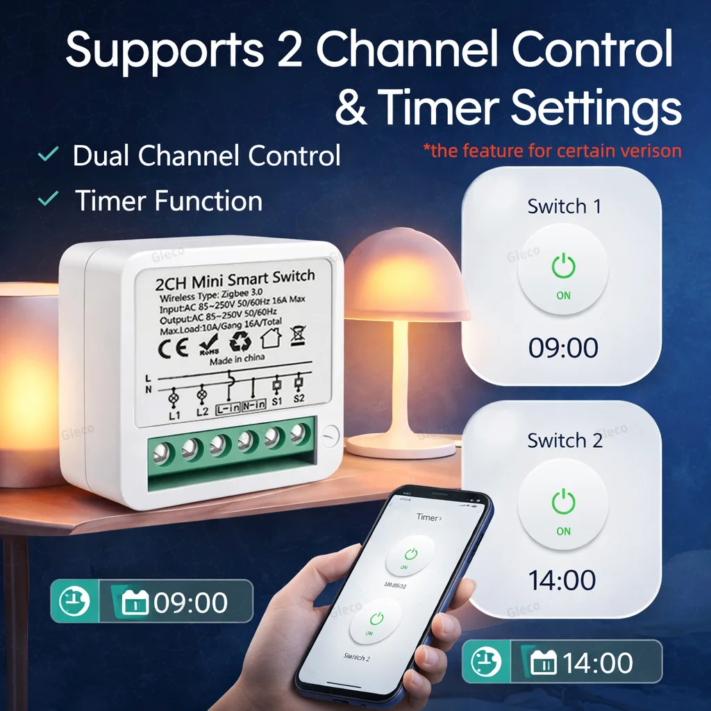 ZigBee Smart Mini Smart Light Switch 1/2CH Breaker Relay 16A 2 Way Control Smart Life APP Voice Control For Tuya Alexa Google