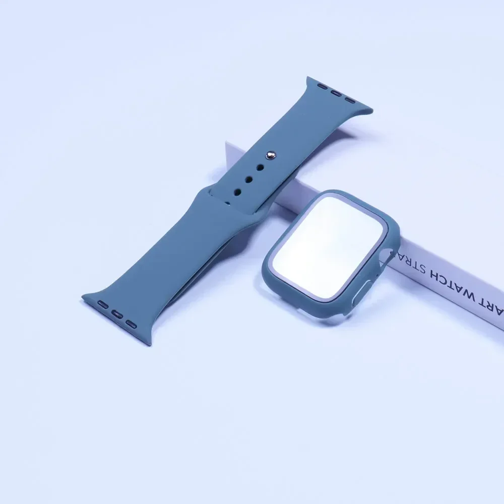 Glass+Case+Strap For Apple Watch band 44mm 40mm 45mm 41mm 38mm 42mm Silicone watchbands bracelet iWatch series 8 9 7 6 5 4 3 SE