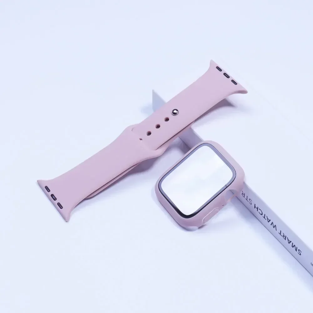 Glass+Case+Strap For Apple Watch band 44mm 40mm 45mm 41mm 38mm 42mm Silicone watchbands bracelet iWatch series 8 9 7 6 5 4 3 SE