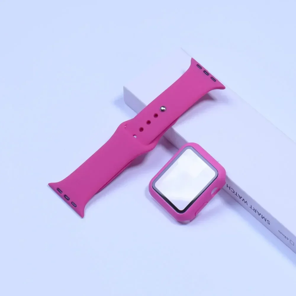 Glass+Case+Strap For Apple Watch band 44mm 40mm 45mm 41mm 38mm 42mm Silicone watchbands bracelet iWatch series 8 9 7 6 5 4 3 SE