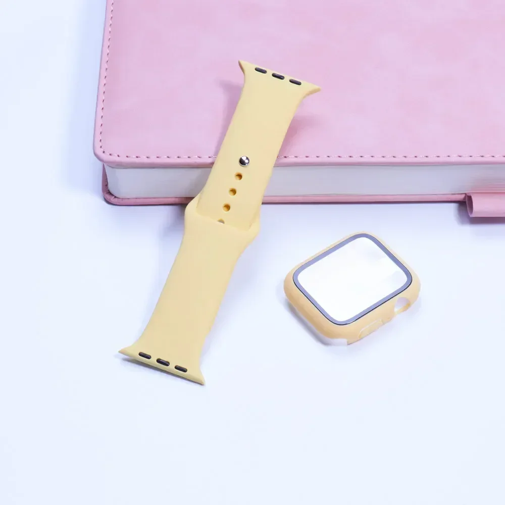 Glass+Case+Strap For Apple Watch band 44mm 40mm 45mm 41mm 38mm 42mm Silicone watchbands bracelet iWatch series 8 9 7 6 5 4 3 SE