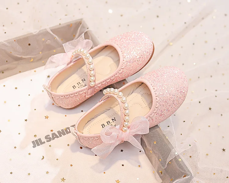 Girls Oxfords Bling Shoes Spring Autumn Kids School Dancing Shoes Pearl Beadings Big Girls Soft PU Leather Shoes Pink, Beige