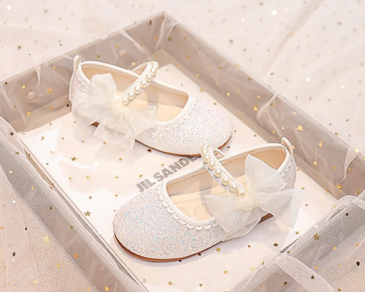 Girls Oxfords Bling Shoes Spring Autumn Kids School Dancing Shoes Pearl Beadings Big Girls Soft PU Leather Shoes Pink, Beige