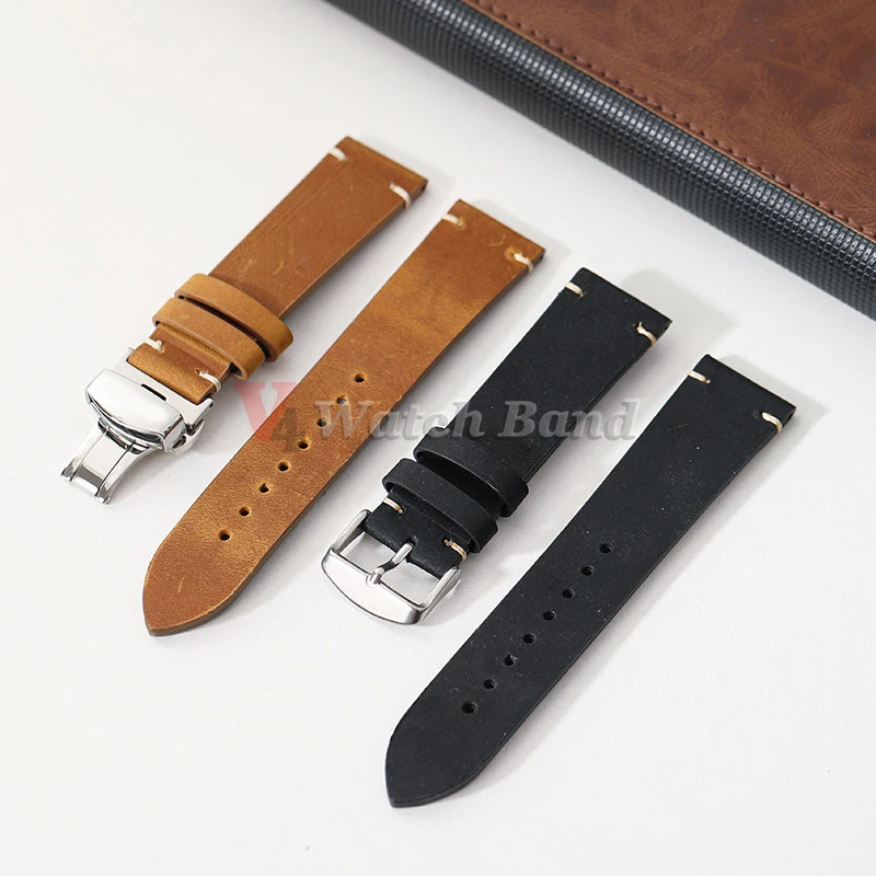 Stitching Cowhide Strap for Omega 18/19/20/21/22/24mm for Wrist Bracelet for Seiko Vintage Leather Watch Band Butterfly Buckle