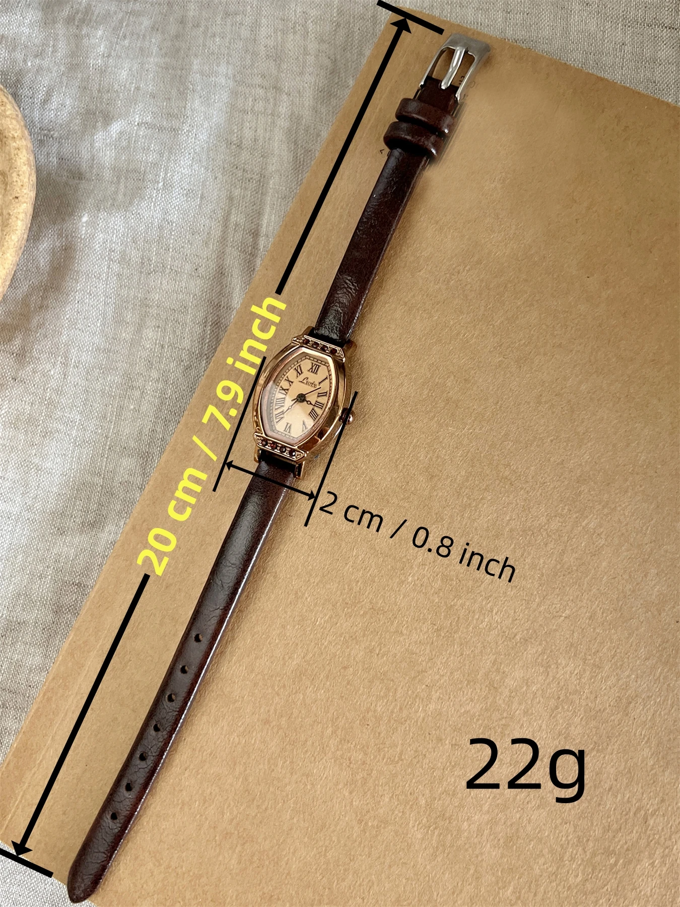 1pc Vintage Casual Elegant Women's Coffee Brown Leather Strap Watch, Fashionable Barrel Shaped Watch Dial With Rhinestone Decor
