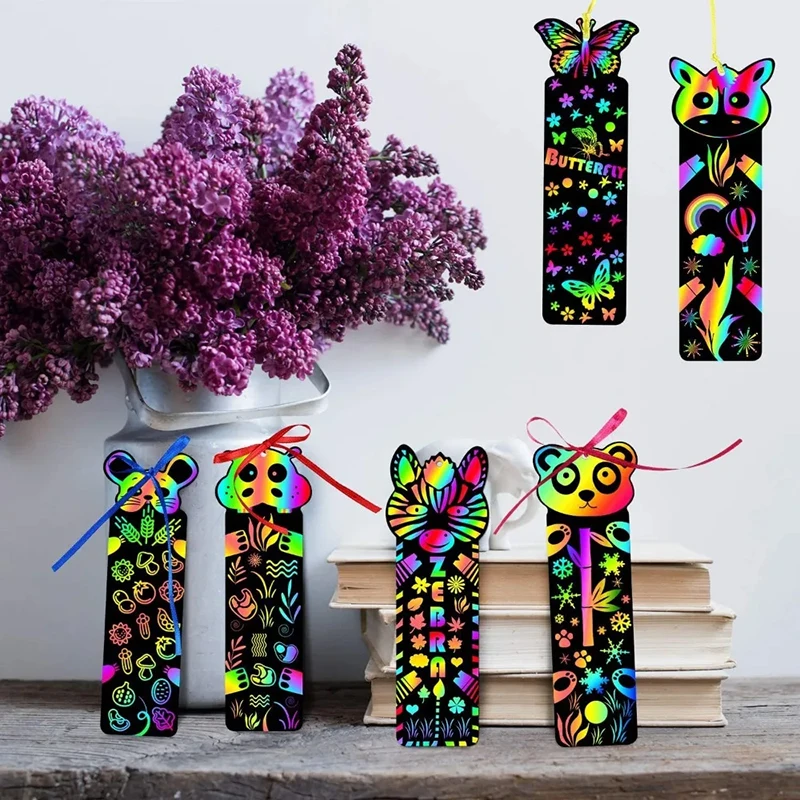 12pcs Magic Scratching Bookmarks with Ropes Hangable Children Creative Drawing Toys Graffiti colour Handmade DIY Art TMZ