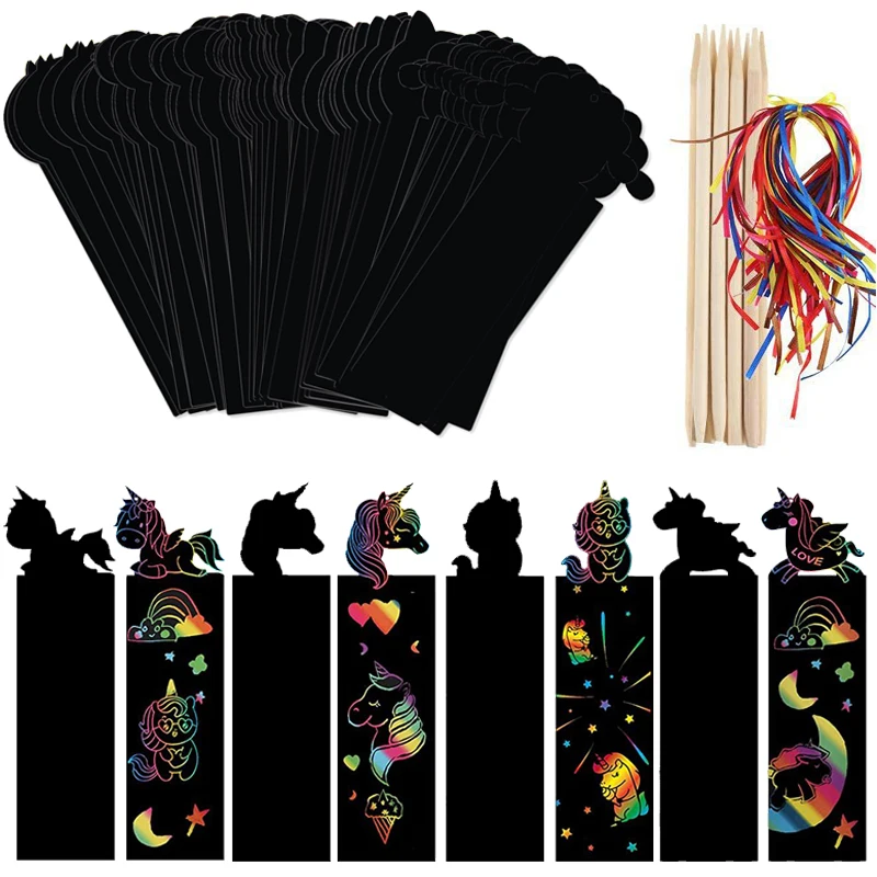 12pcs Magic Scratching Bookmarks with Ropes Hangable Children Creative Drawing Toys Graffiti colour Handmade DIY Art TMZ