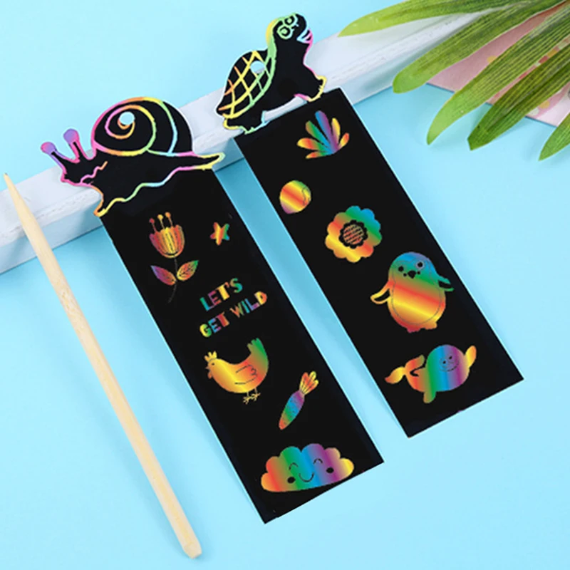 12pcs Magic Scratching Bookmarks with Ropes Hangable Children Creative Drawing Toys Graffiti colour Handmade DIY Art TMZ
