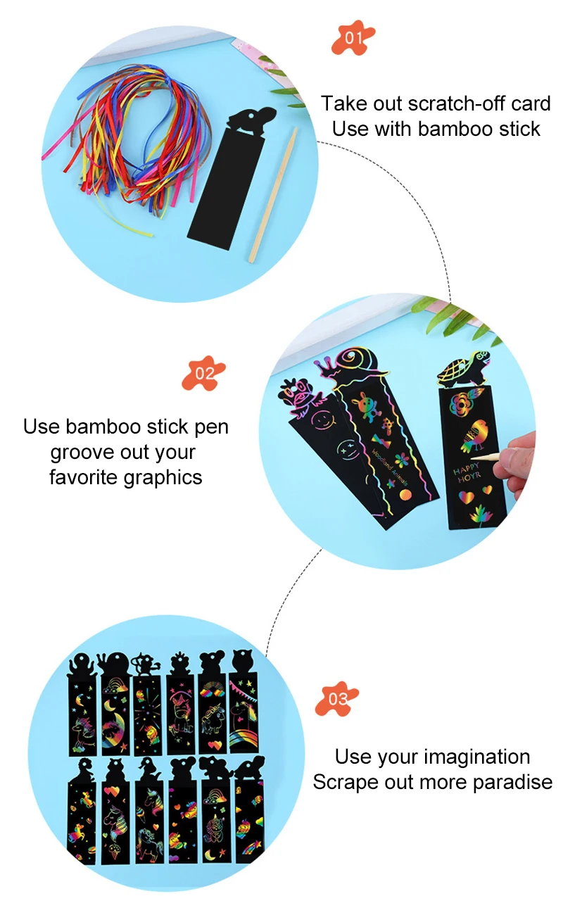 12pcs Magic Scratching Bookmarks with Ropes Hangable Children Creative Drawing Toys Graffiti colour Handmade DIY Art TMZ