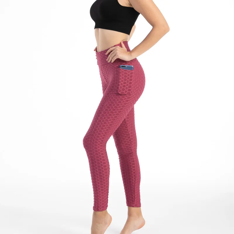 Women Fashion Pocket Bubble Pants Stretchy Slim Leggings Gym Running Cycling Fitness Pants High Waist Hip Lift Leggings Female
