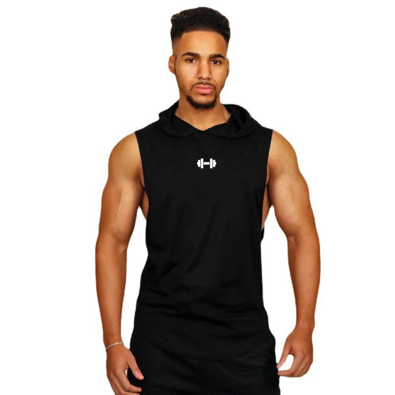 Summer Loose Sleeveless Hooded T-shirts Cotton Breathable Mens Sport Singlets Gym Bodybuilding Tank Tops Fitness Muscle Hoodie