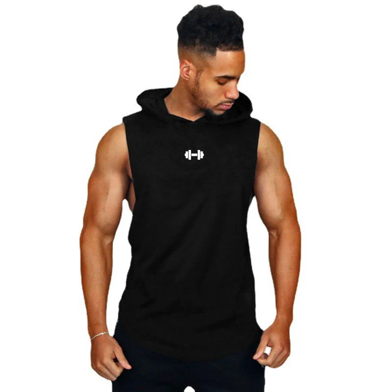 Summer Loose Sleeveless Hooded T-shirts Cotton Breathable Mens Sport Singlets Gym Bodybuilding Tank Tops Fitness Muscle Hoodie