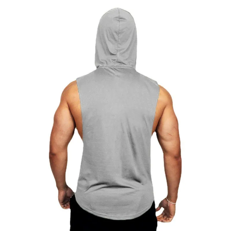 Summer Loose Sleeveless Hooded T-shirts Cotton Breathable Mens Sport Singlets Gym Bodybuilding Tank Tops Fitness Muscle Hoodie