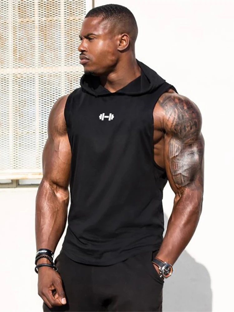 Summer Loose Sleeveless Hooded T-shirts Cotton Breathable Mens Sport Singlets Gym Bodybuilding Tank Tops Fitness Muscle Hoodie