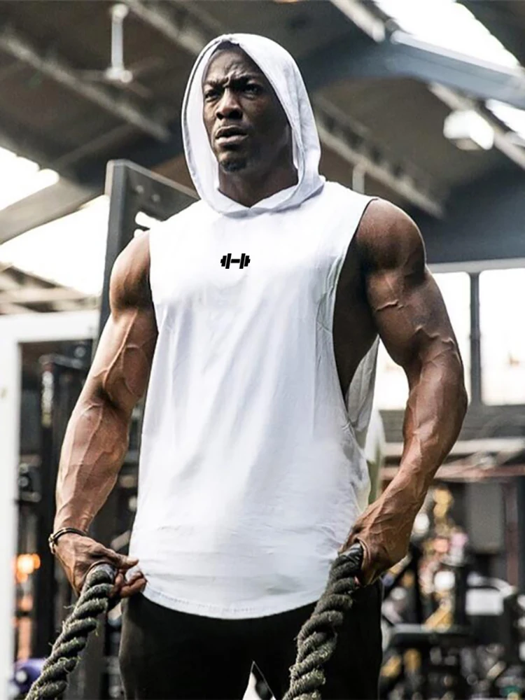 Summer Loose Sleeveless Hooded T-shirts Cotton Breathable Mens Sport Singlets Gym Bodybuilding Tank Tops Fitness Muscle Hoodie