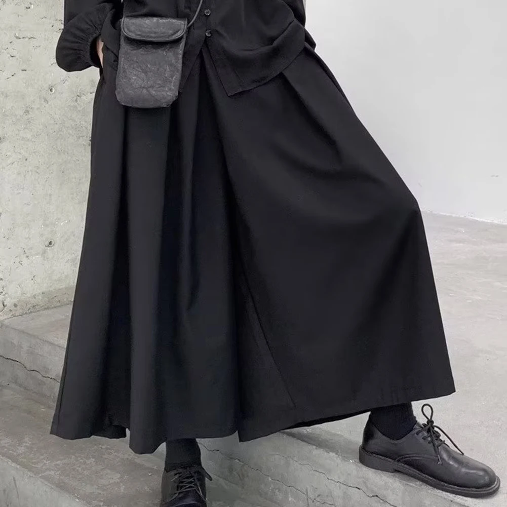 Mens Gothic Dark Style Loose Cropped Hakama Wide Leg Design Sense High Waist Samurai Pants Fashion Straight Male Skirt Pants