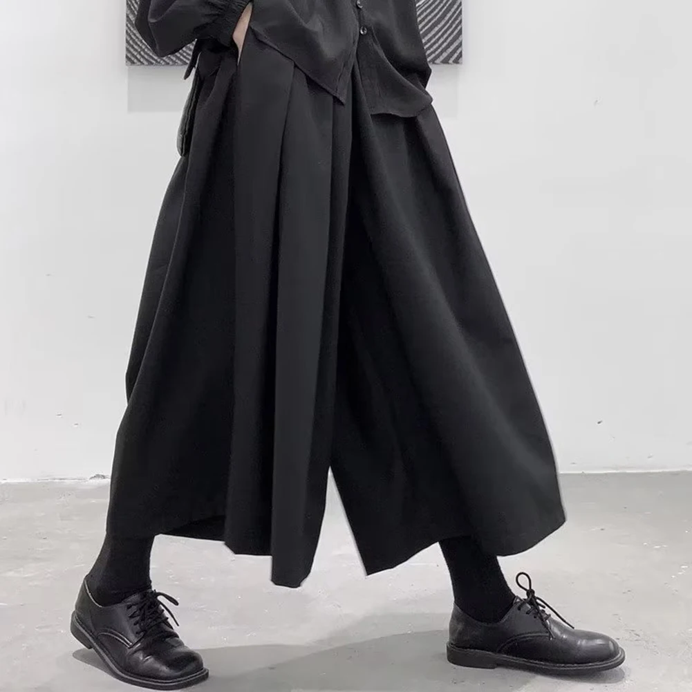 Mens Gothic Dark Style Loose Cropped Hakama Wide Leg Design Sense High Waist Samurai Pants Fashion Straight Male Skirt Pants