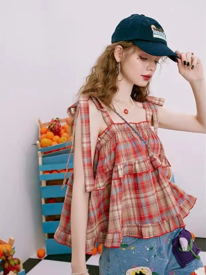 Y2K Hot Women Summer Acubi Japan Vintage Gyaru Tanks & Camis Lace Up Green Crop Top Plaid Strap Sleeveless Tank Tops Clothes