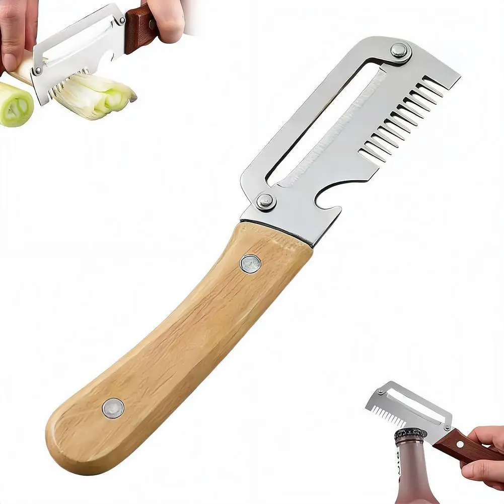 2-in-1 Serrated Peeling Knife Premium Vegetable Peeler With Wooden Handle And Bottle Opener Kitchen Tool