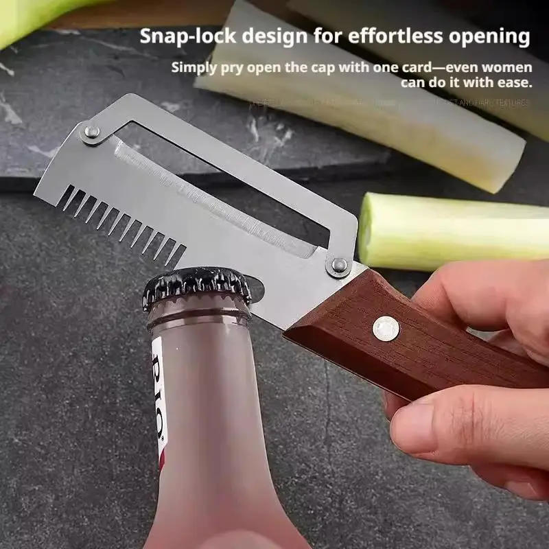 2-in-1 Serrated Peeling Knife Premium Vegetable Peeler With Wooden Handle And Bottle Opener Kitchen Tool