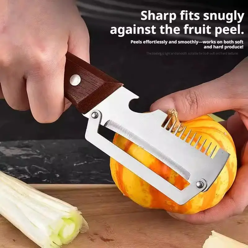 2-in-1 Serrated Peeling Knife Premium Vegetable Peeler With Wooden Handle And Bottle Opener Kitchen Tool