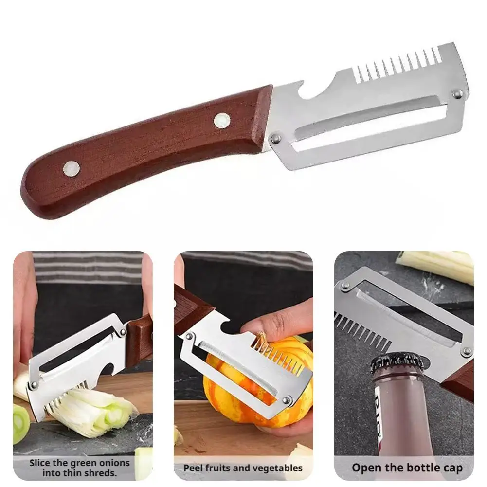 2-in-1 Serrated Peeling Knife Premium Vegetable Peeler With Wooden Handle And Bottle Opener Kitchen Tool