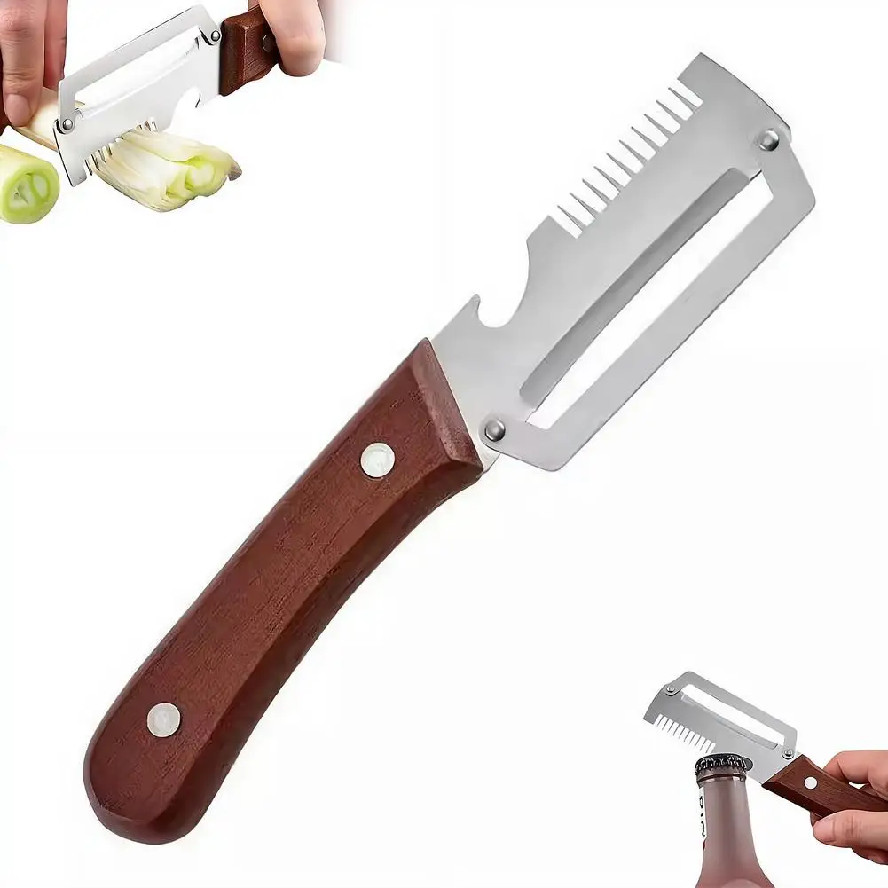 2-in-1 Serrated Peeling Knife Premium Vegetable Peeler With Wooden Handle And Bottle Opener Kitchen Tool