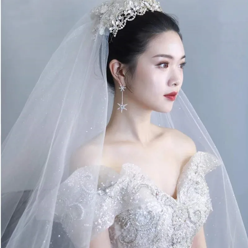 Bling Two Layers Bridal 3.5M Long Wedding Veils Luxury Shiny Glitter Tulle Bride Mesh Veil with Comb Mariage Accessories