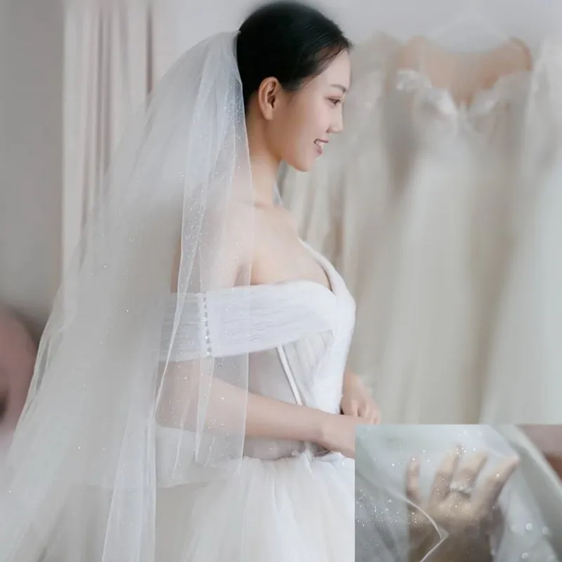 Bling Two Layers Bridal 3.5M Long Wedding Veils Luxury Shiny Glitter Tulle Bride Mesh Veil with Comb Mariage Accessories