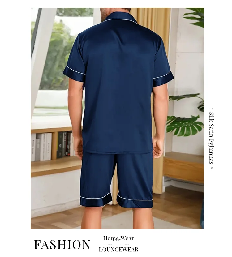 Men Satin Pajama Set Sleepwear for Man Summer Short Sleeve Button-Down Shirt & Shorts Pajamas 2 Piece Home Clothes Short Suit