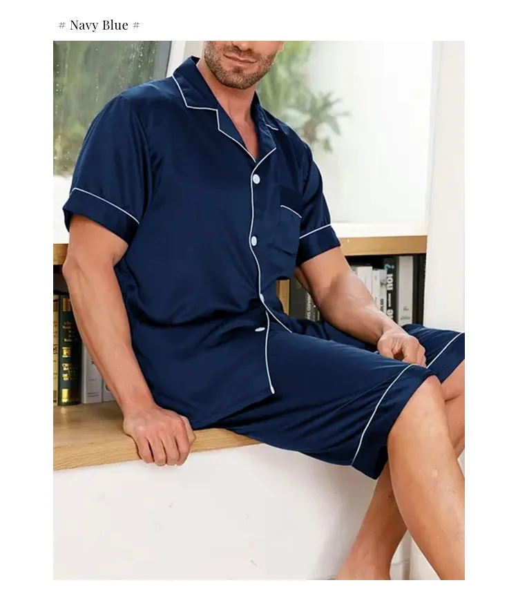 Men Satin Pajama Set Sleepwear for Man Summer Short Sleeve Button-Down Shirt & Shorts Pajamas 2 Piece Home Clothes Short Suit