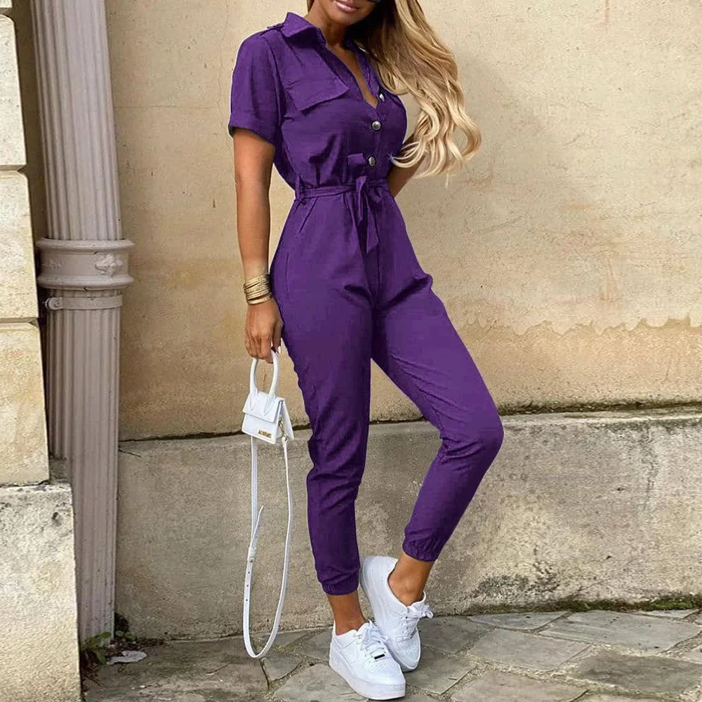 Overalls for Women Casual Lapel Lace-up Print Belt Work Jumpsuit Women One Pieces Bodysuit Women Chic and Elegant Long Jumpsuits