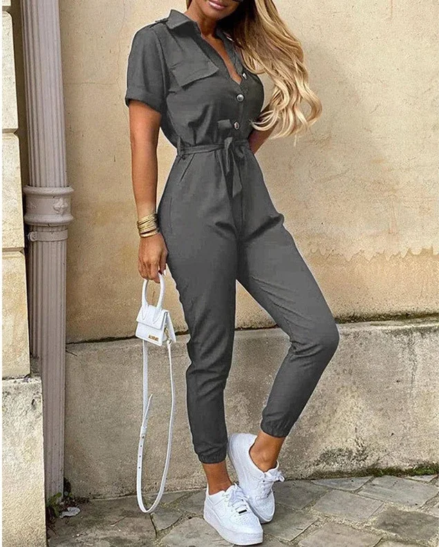 Overalls for Women Casual Lapel Lace-up Print Belt Work Jumpsuit Women One Pieces Bodysuit Women Chic and Elegant Long Jumpsuits