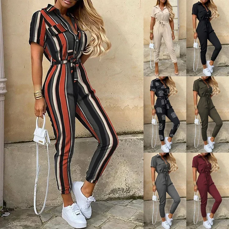 Overalls for Women Casual Lapel Lace-up Print Belt Work Jumpsuit Women One Pieces Bodysuit Women Chic and Elegant Long Jumpsuits