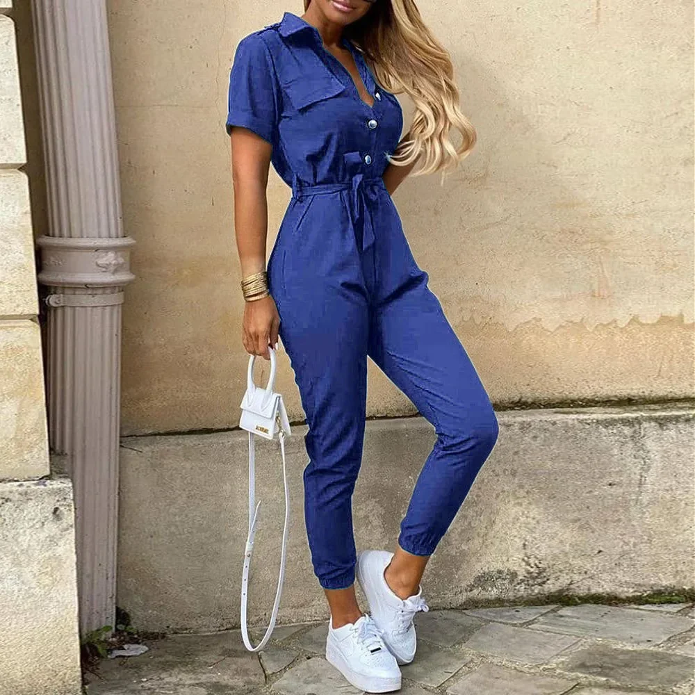 Overalls for Women Casual Lapel Lace-up Print Belt Work Jumpsuit Women One Pieces Bodysuit Women Chic and Elegant Long Jumpsuits