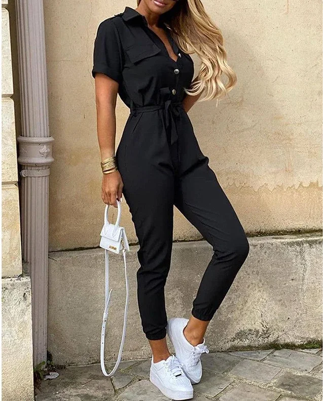 Overalls for Women Casual Lapel Lace-up Print Belt Work Jumpsuit Women One Pieces Bodysuit Women Chic and Elegant Long Jumpsuits