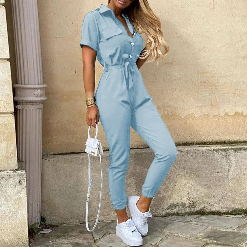 Overalls for Women Casual Lapel Lace-up Print Belt Work Jumpsuit Women One Pieces Bodysuit Women Chic and Elegant Long Jumpsuits