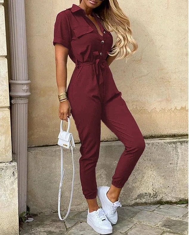 Overalls for Women Casual Lapel Lace-up Print Belt Work Jumpsuit Women One Pieces Bodysuit Women Chic and Elegant Long Jumpsuits