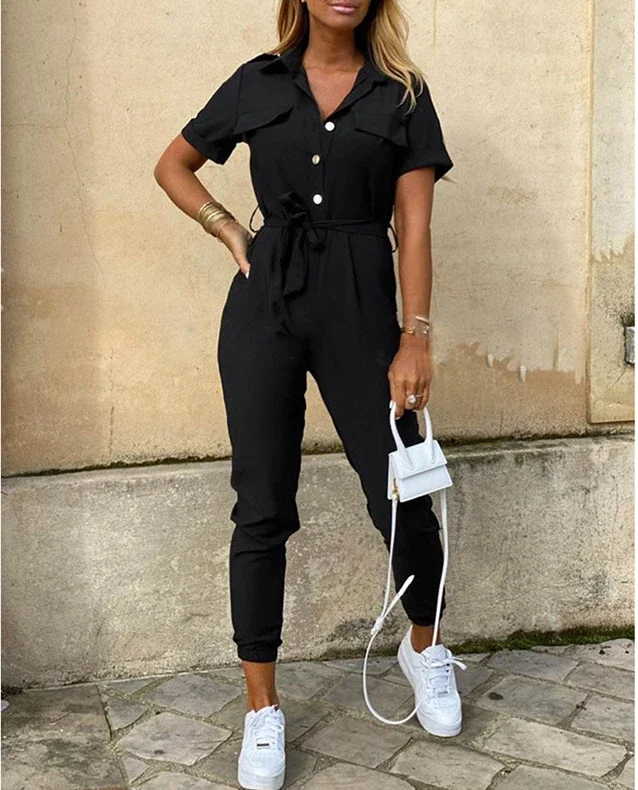 Overalls for Women Casual Lapel Lace-up Print Belt Work Jumpsuit Women One Pieces Bodysuit Women Chic and Elegant Long Jumpsuits