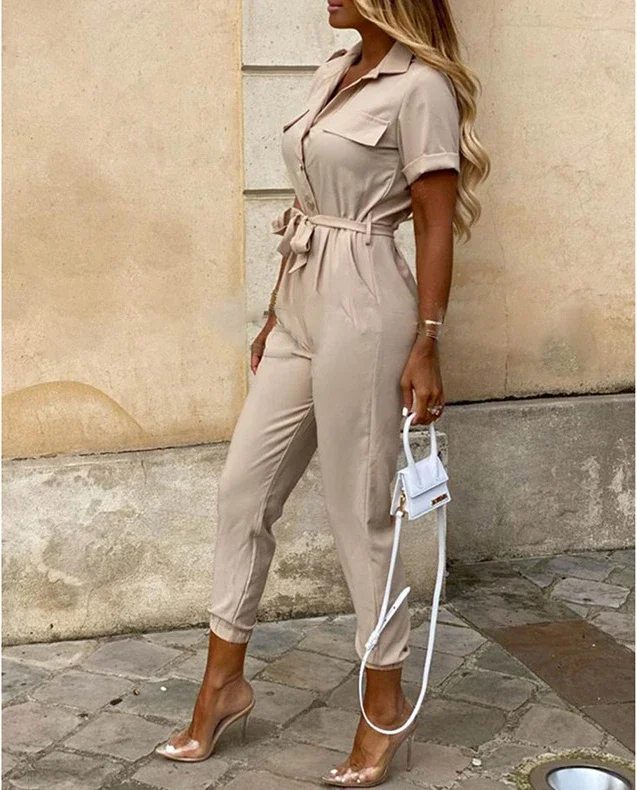 Overalls for Women Casual Lapel Lace-up Print Belt Work Jumpsuit Women One Pieces Bodysuit Women Chic and Elegant Long Jumpsuits