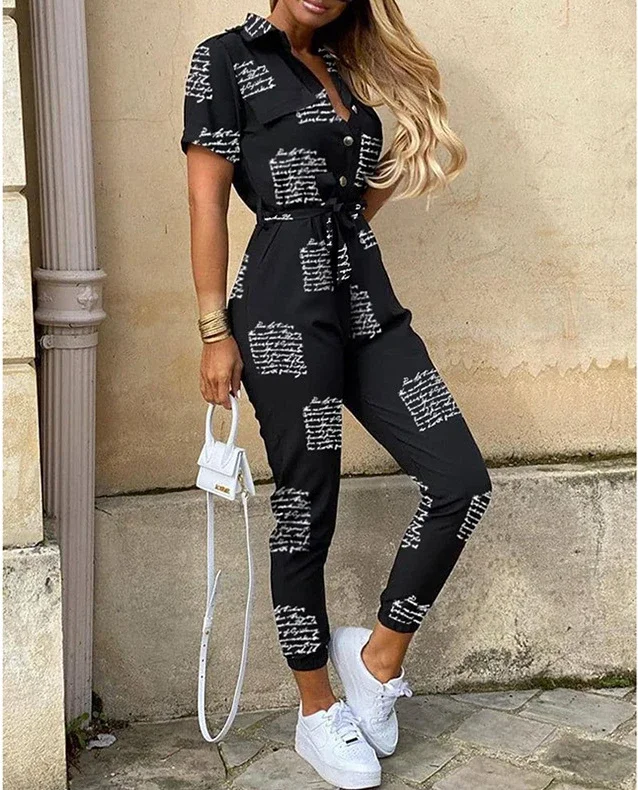 Overalls for Women Casual Lapel Lace-up Print Belt Work Jumpsuit Women One Pieces Bodysuit Women Chic and Elegant Long Jumpsuits