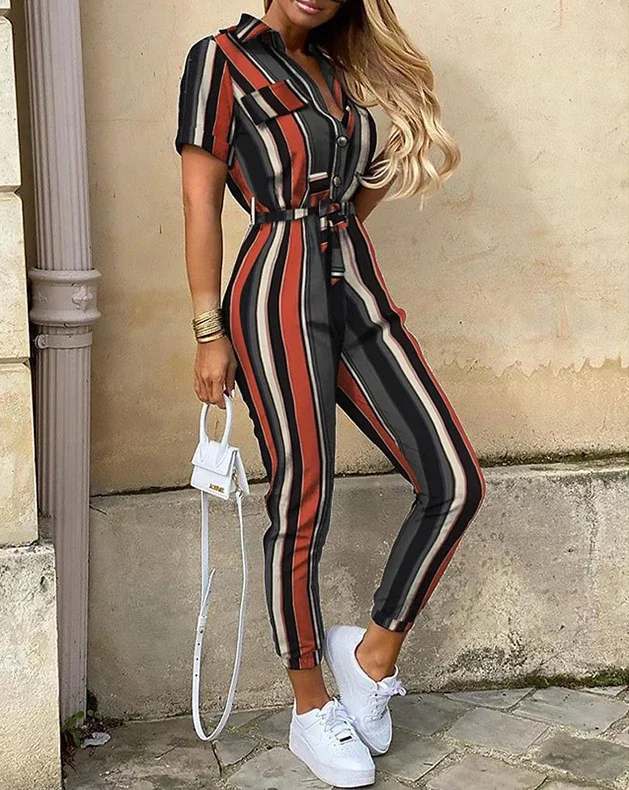 Overalls for Women Casual Lapel Lace-up Print Belt Work Jumpsuit Women One Pieces Bodysuit Women Chic and Elegant Long Jumpsuits