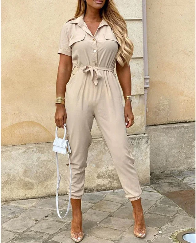 Overalls for Women Casual Lapel Lace-up Print Belt Work Jumpsuit Women One Pieces Bodysuit Women Chic and Elegant Long Jumpsuits