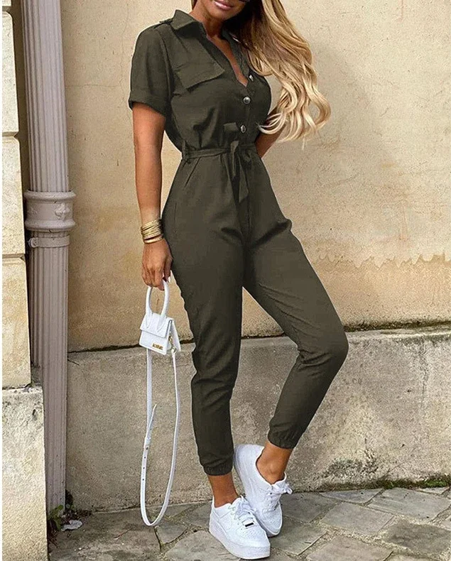 Overalls for Women Casual Lapel Lace-up Print Belt Work Jumpsuit Women One Pieces Bodysuit Women Chic and Elegant Long Jumpsuits