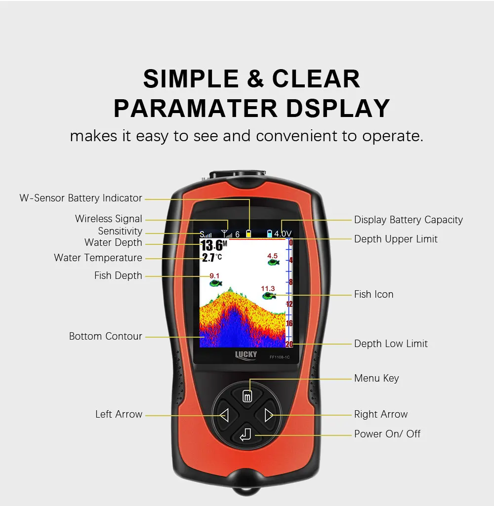 LUCKY FF1108-1CWLA Rechargeable Wireless Sonar for Fishing 45M Water Depth Echo Sounder Fishing Finder Portable Fish Finder