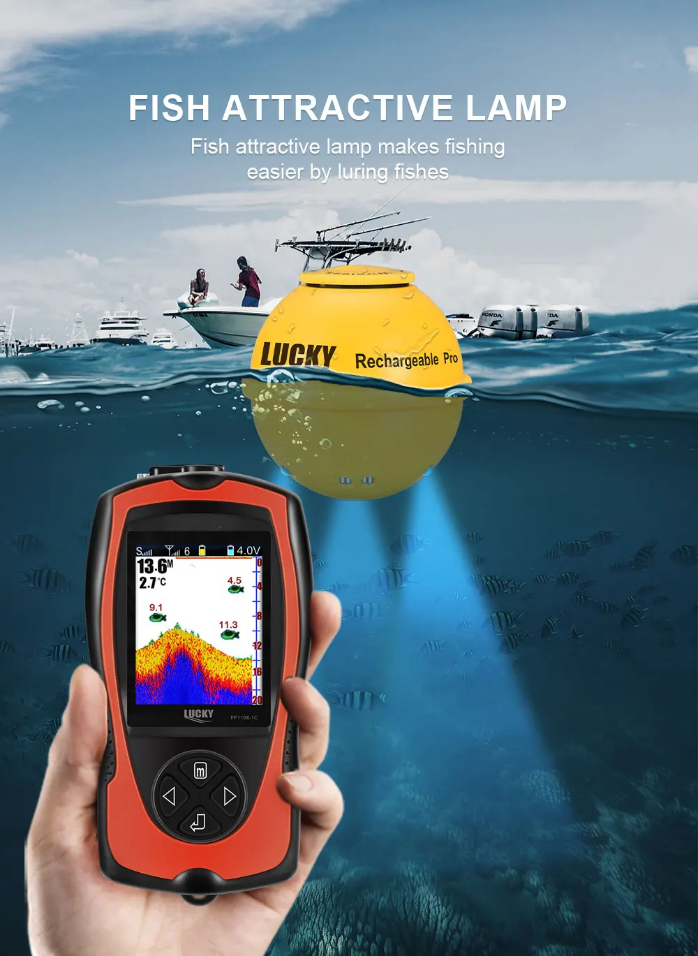 LUCKY FF1108-1CWLA Rechargeable Wireless Sonar for Fishing 45M Water Depth Echo Sounder Fishing Finder Portable Fish Finder