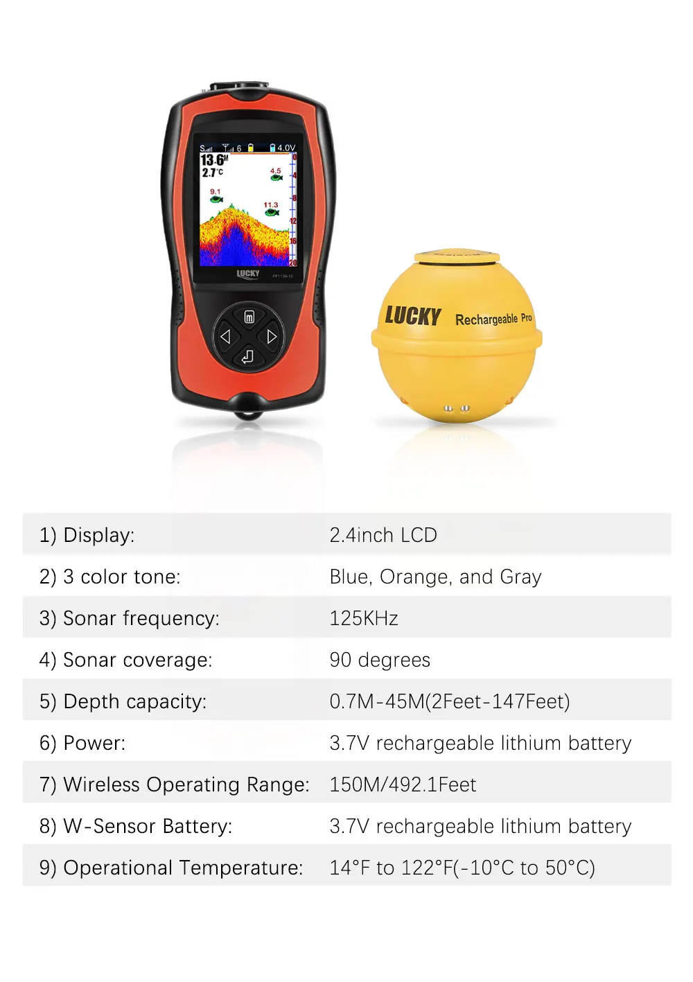 LUCKY FF1108-1CWLA Rechargeable Wireless Sonar for Fishing 45M Water Depth Echo Sounder Fishing Finder Portable Fish Finder