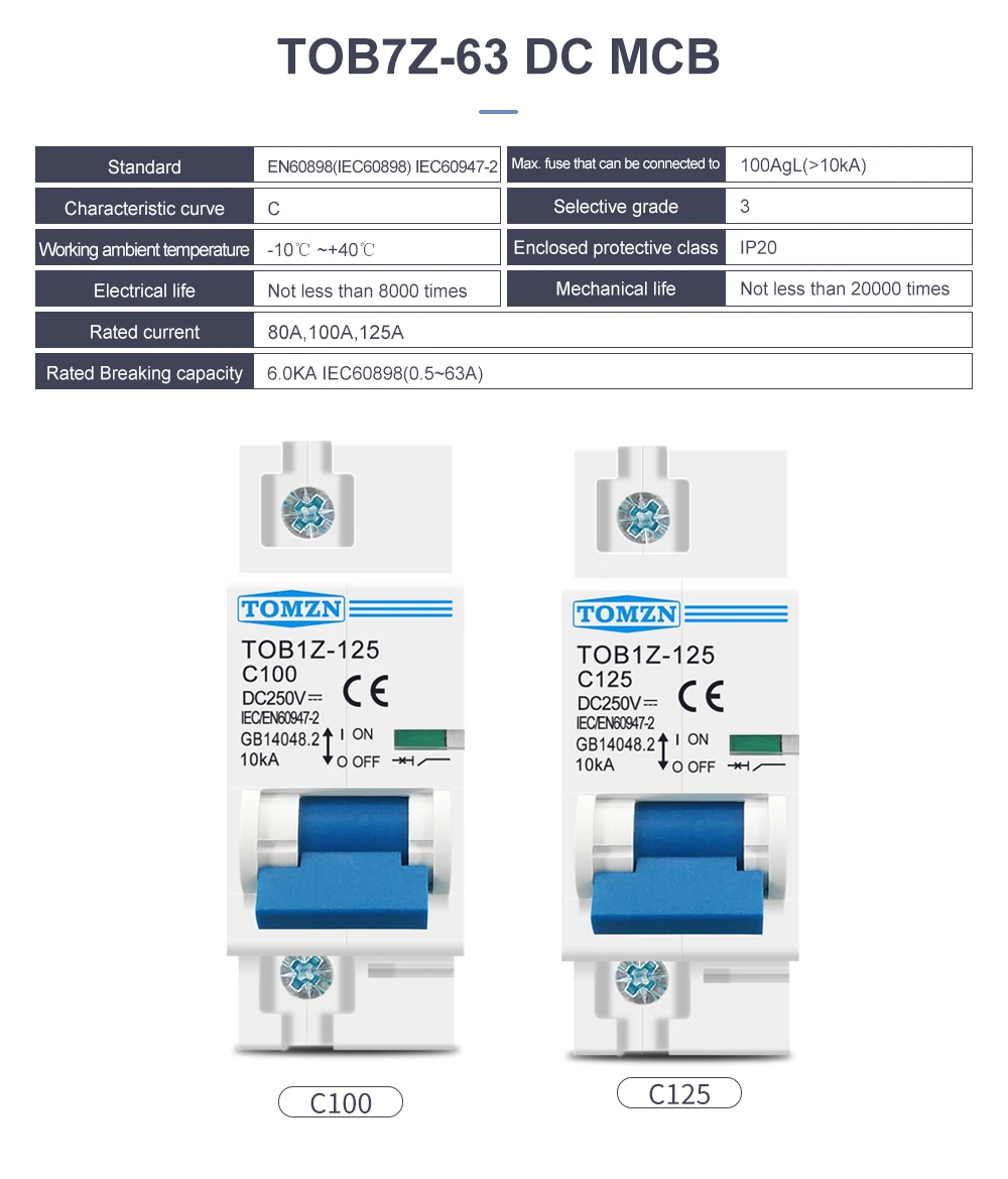 1PCS TOMZN 1P DC MCB 250V 80A 100A 125A Circuit Breaker PV System C curve Battery Main Switch
