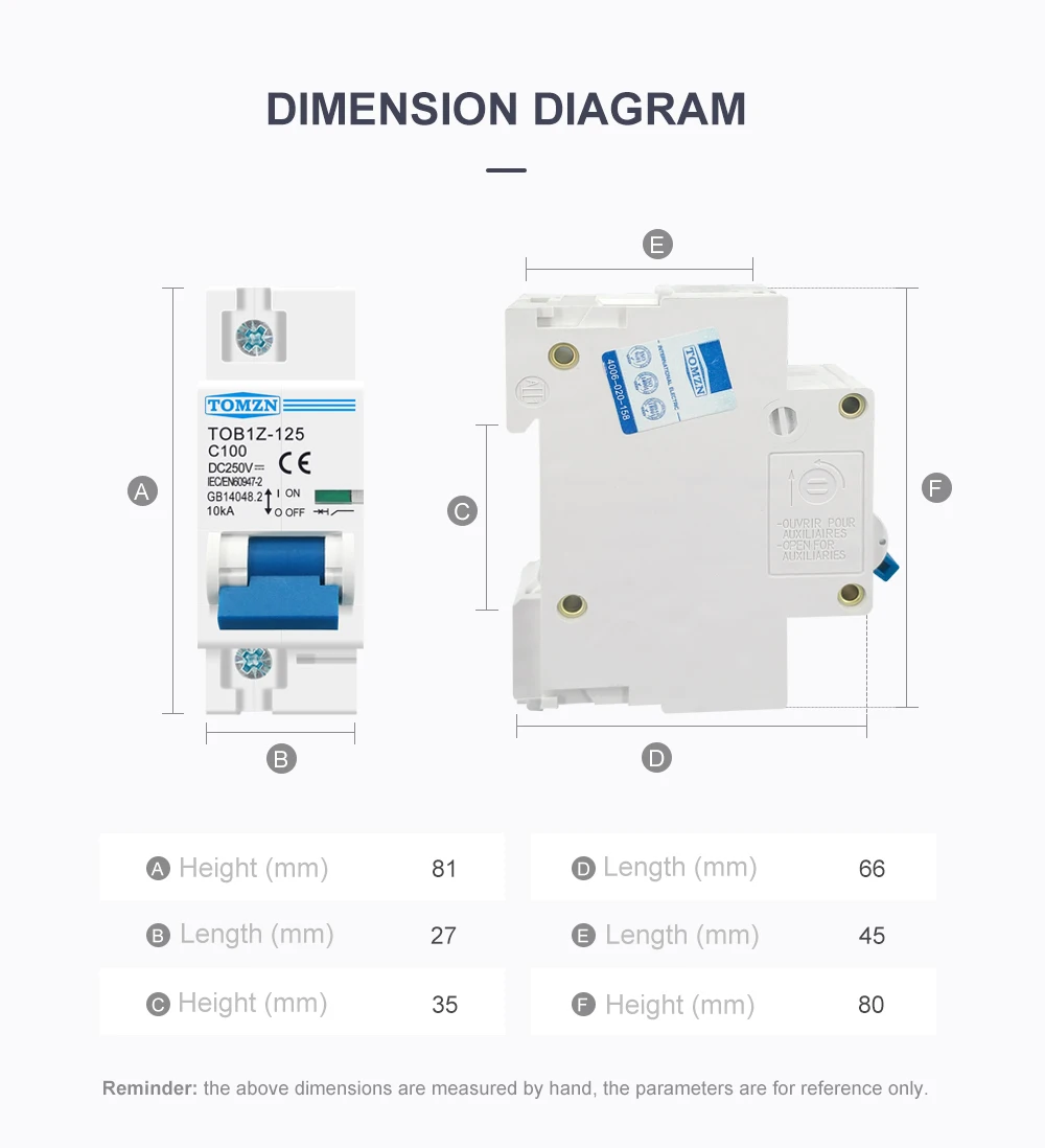 1PCS TOMZN 1P DC MCB 250V 80A 100A 125A Circuit Breaker PV System C curve Battery Main Switch